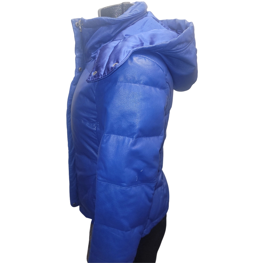 Danier Cobalt Blue Leather Down Quilted Puffer Jacket Size 2XS - Picture 6 of 10